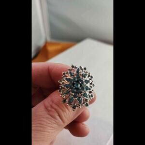 Costume Jewelery Ring Silvertone with Aqua faux stones Size 6